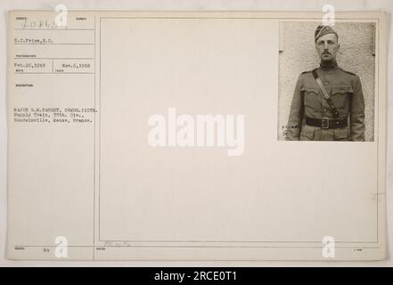 Soldaten des 110. Versorgungszugs, 35. Division des US-Militärs, in Haudainville, Maas, Frankreich. Das Foto wurde von R.C. gemacht Price, S.C.-Fotograf, am 26. Februar 1919. Major G.M. Faught, der befehlshabende Offizier, ist auf dem Bild zu sehen. Dieses Foto hat die Nummer 111-SC-40865. Stockfoto