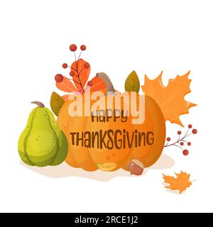 thanksgiving-Karte. Kürbis, Herbstblätter, Beeren. Vektordarstellung Stock Vektor