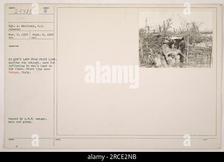 Maschinengewehr-Außenposten im Niemandsland, benutzt zur Infiltrierung der Piave, von der Front in der Nähe von Varage, Italien. Foto aufgenommen von Sergeant A. Marcioni, S.C., am 8. September 1918. Dieses Bild wurde vom A.E.P. Zensor übergeben. Stockfoto