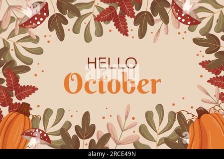 Herbst Hallo Oktober Hintergrunddesign mit verschiedenen Blättern, Kürbissen und Pilzfliegen-Agaric, Kopierbereich. Herbstkonzept mit Herbstgemüse und Laub. Stock Vektor