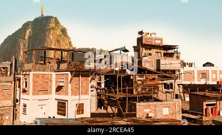 Favelas von Rio de Janeiro. Stadtzentrum. Häuser und Hütten, unfertige Gebäude. Überbevölkerung. Konglomerat überlappender Häuser Stockfoto