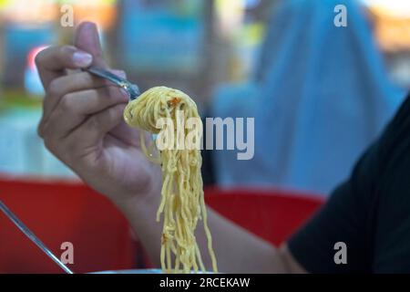 Aus nächster Nähe bereiten Sie sich auf Mie Ayam oder ein beliebtes indonesisches Gericht mit schmackhaften, herzhaften Hühnchen-Nudeln vor. Lebensmittelfotografie. Stockfoto
