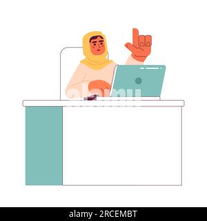 Muslimische Frau im Hijab, die an Computer 2D Vektor isolierte Punktdarstellung arbeitet Stock Vektor
