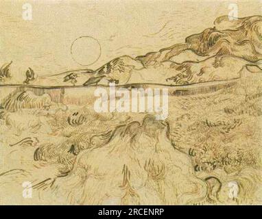 Eingeschlossenes Weizenfeld mit Reaper 1889; Saint-rémy-de-provence, Frankreich, von Vincent van Gogh Stockfoto