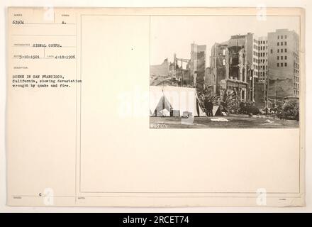 Verwüstung in San Francisco, Kalifornien, nach dem Erdbeben und Feuer - Foto aufgenommen am 18. April 1906. Das Bild zeigt die weitreichenden Zerstörungen, die durch die Katastrophe verursacht wurden. (Fotograf) Signalkorps. Dieses Foto hat die Indexnummer 63974 und das Symbol A. am 10. März 1921 erhalten. Stockfoto