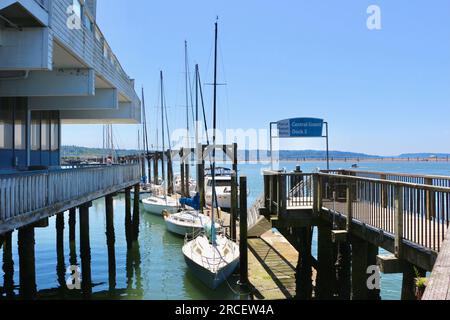 Festgemachte Boote, Yachten und Motorboote in der Sonne am Everett Marina Puget Sound Seattle Washington State USA Stockfoto