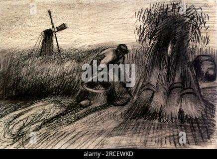 Wheatfield mit Reaper and Peasant Woman Binding Sheaves 1885; Nunen/Nuenen, Niederlande, von Vincent van Gogh Stockfoto