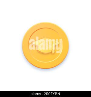 Goldene Spielmünze. Münzsymbol, Goldmedaille. Münze mit quadratischer akademischer Mütze. Grafische Benutzeroberfläche Designelement Spielmünze. Stock Vektor