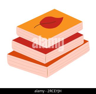 Stapel Bücher mit Herbstblättern auf weißem Hintergrund. Herbstlesung. Gemütlicher Herbst. Flache Vektordarstellung. Stock Vektor
