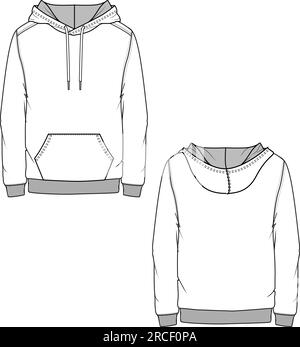 Herren Basic Hoodie Sweatshirt Flat skizziert technische Zeichnungsvorlage Design Vector Stock Vektor