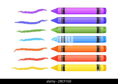 Wachsstifte mit strukturierter Linie im Cartoon-Stil isoliert auf weißem Hintergrund. Kindergarten-Palette, Bleistifte für den Unterricht. Vektordarstellung Stock Vektor