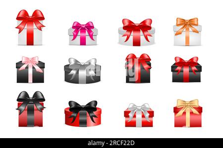 Set aus verschiedenfarbigen Geschenkkartons mit Schleifen und Bändern. Für valentinstag, Geburtstag, 8. märz, weihnachten und Neujahr, für Karten und Stock Vektor