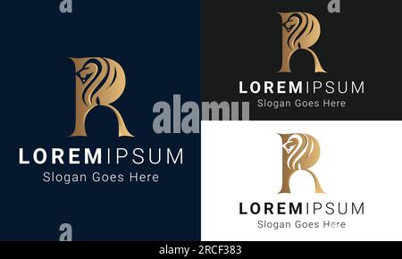 Königlicher König Löwe mit R-Logo Design und kronem R-Buchstaben Stock Vektor