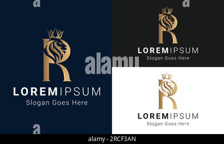 Königlicher König Löwe mit R-Logo Design und kronem R-Buchstaben Stock Vektor