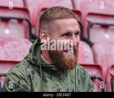 Wigan, Großbritannien. 14. Juli 2023. Sam Tomkins nimmt am 7./14. Juli 2023 (Foto von Mark Cosgrove/News Images) in Wigan, Großbritannien, am 19./14. Juli 2023 am Spiel der Betfred Super League Round Wigan Warriors gegen Warrington Wolves Teil. (Foto: Mark Cosgrove/News Images/Sipa USA) Guthaben: SIPA USA/Alamy Live News Stockfoto