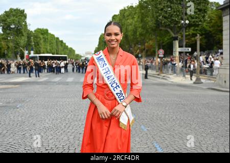 Indira Ampiot, Miss France 2023 während des Bastille-Tages in Paris am 14. Juli 2023. Foto: Tomas Stevens/ABACAPRESS.COM Stockfoto