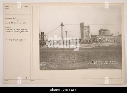 Chemie-Kriegsführung, Edgewood Arsenal, Maryland. Dieses Foto zeigt ein sättigendes Gebäude, das während der Zeit des Ersten Weltkriegs fertiggestellt wurde Das Bild ist Teil einer Sammlung, die amerikanische Militäraktionen während des Krieges dokumentiert. Das Datum, an dem das Foto aufgenommen wurde, ist 1918. Stockfoto