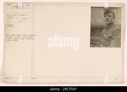 Sergeant Harry Adams von der 353. Infanterie ist auf dem Foto zu sehen. Er wurde mit dem "Distinguished Service Cross" ausgezeichnet. Das Foto wurde von Leutnant Paul W. Cloud am 1. März 1919 in Prum aufgenommen. Die Beschreibung zeigt, dass Sergeant Adams in einem Slip ist. Weitere Hinweise weisen darauf hin, dass das Foto am 6. Januar 1919 mit der Patientennummer 9001 eingegangen ist und als BECO 2777-19 katalogisiert wurde. Stockfoto