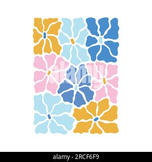 Trendige botanische Vektordarstellung in Rosa, Gelb und Blau mit welligen Blumen im matisse-Stil. Groovy abstrakter Blumenstrauß für Poster, Karten, Aufdruck Stock Vektor