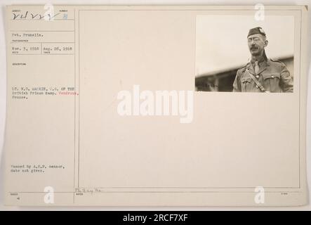 Soldier Pvt. Prunelle, abgebildet auf diesem Bild, aufgenommen am 26. August 1918 von Lieutenant R.D. Mackie wird im britischen Gefängnislager in Vendroux, Frankreich, gesehen. Das Foto wurde später mit der Referenznummer 24222 herausgegeben, nachdem es den A.E.F.-Zensor bestanden hatte. Stockfoto