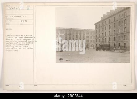 CPL.A.L. Lubatty vom Signalkorps machte dieses Foto am 2. Januar 1919 in Paris, Frankreich. Das Bild zeigt drei Gebäude: Nr. 1 ist eine hölzerne Kaserne, die als Kaserne dient, Nr. 2 ist Batiment B, die eingetragenen Personalquartiere, und Nr. 3 ist Batiment J, die medizinische Versorgung und das Quartermaster-Gebäude für das Krankenhaus der Basis des Medizinischen Korps Nr. 65. Stockfoto