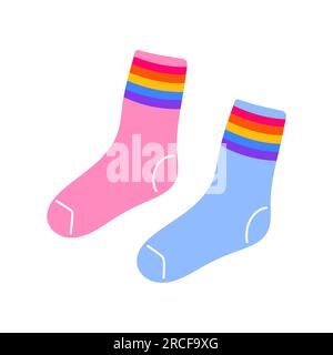 Klassische 80s 90s-Socken in Blau und Pink im modernen, flachen Liniendesign. Handgezeichneter Vektor. Modeaufnäher, Abzeichen, Emblem. Stock Vektor