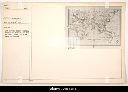 Dieses Foto zeigt eine Karte mit den wichtigsten orientalischen Handelszentren und Routen im Jahr 1903, die Afrika, Australien, Asien und Europa abdecken. Das Bild wurde von einem Fotografen des Signalkorps am 19. Februar 1921 aufgenommen und ist mit dem Symbol „EU“ gekennzeichnet. Die Karte hat die Nummer 62546 und zeigt verschiedene kommerzielle Zentren und Routen. Stockfoto