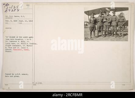 Abbildung: LT. E.0. Harrs, S.C. aufgenommen von Fotograf LT. E.0. Harrs am 3. November 1918. Das Bild zeigt den „A“-Flug der amerikanischen Aero-Staffel 148. in Remaisnil, Somme, Frankreich. Von links nach rechts sehen wir LT. Lawrence W. Wyly, LT. Louis Rabe, LT. Field M. kindley (Flight Commander), LT. Walter B. Knox und LT. Jesse 0. Creech. Das Foto wurde vom A.E. F.-Zensor genehmigt, aber das Datum ist unbekannt. Sie wird von PE.Md.DMA herausgegeben. Stockfoto