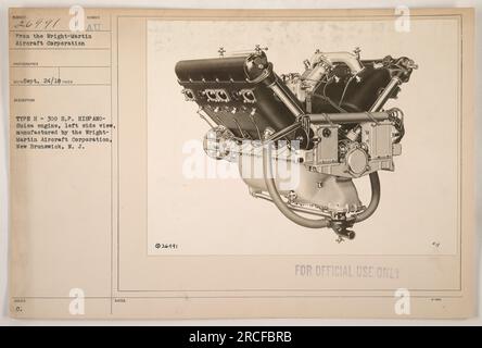 Linke Seitenansicht eines H 300 H.P. HISPANO-Suiza-Triebwerk, hergestellt von der Wright-Martin Aircraft Corporation, New Brunswick, N.J. Dieses Foto wurde am 24. September 1918 aufgenommen und ist Teil der Fotografien der amerikanischen Militäraktivitäten während des Ersten Weltkriegs. Stockfoto