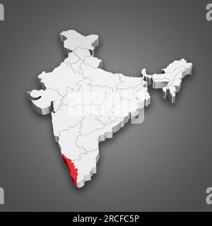Lage des Bundesstaats Kerala auf der Karte von Indien. 3D Abbildung Stockfoto
