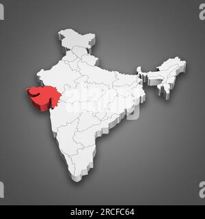 Karte des Bundesstaates Gujarat innerhalb Indiens. 3D Abbildung Stockfoto