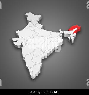 Karte der Bundesstaaten Arunachal Pradesh und Nagaland innerhalb Indiens. 3D Abbildung Stockfoto
