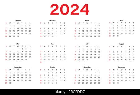 2024 Vorlage für Kalenderjahr. Die Woche beginnt am Sonntag. Das Jahr des Drachen. Vektordarstellung Stock Vektor