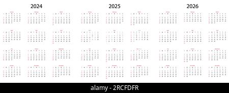 Kalender 2024, Kalender 2025, Kalender 2026. Die Woche beginnt am Sonntag. Vektordarstellung Stock Vektor