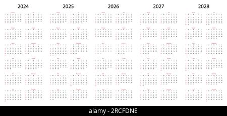 2025, 2025, 2026, 2027, 2028 years calendar. Week starts Monday. Desk planner template with 12 months. Organizer in English. Vector illustration Stock Vektor