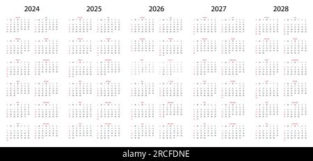 Kalender für 2025, 2025, 2026, 2027, 2028 Jahre. Die Woche beginnt am Montag. Vorlage für Tischplaner mit 12 Monaten. Organisator auf Englisch. Vektordarstellung Stock Vektor