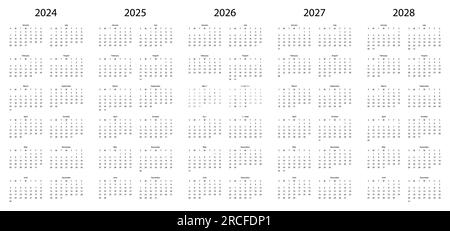 Kalendergruppe. Kalender 2024, Kalender 2025, Kalender 2026, Kalender 2027, Kalender 2028. Wochenstart Montag. Vektorplaner-Vorlage Stock Vektor