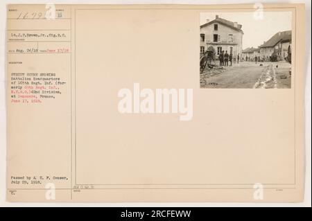 Bataillonshauptquartier der 165. Regiment Infanterie der 42. Division, früher bekannt als 69. Regiment Infanterie der NY Nationalgarde, am 17. Juni 1918 in Deneuvre, Frankreich. Ein Foto von LT.J.S. Brown, Junior, Signalkorps. Dieses Bild wurde von der A.E.P. gelöscht Zensor am 29. Juli 1918. Stockfoto