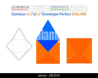 Verpackung 6.5x6.5 Zoll Konturumschlag die-Line-Vorlage und 3D-Umschlag kann leicht in der Größe geändert werden Stock Vektor