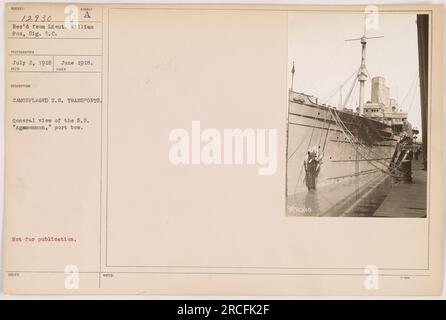 S. S.. „Agamemnon“, ein getarntes US-Transportschiff im Juni 1918. Das Foto, aufgenommen von Lieutenant William Fox vom Signalkorps, zeigt einen allgemeinen Blick auf den Bug des Schiffes. Das Bild war nicht zur Veröffentlichung vorgesehen. In ausgestellten Hinweisen ist die Identifikationsnummer 9012330 angegeben. Stockfoto