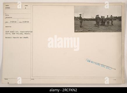 21. Grand Division Transportation Corps mit Sitz in Camp Pullman, Frankreich. Colonel Vincett und sein Stab posieren für ein Foto. Das Foto wurde am 25. Februar 1918 aufgenommen. Die Bildnummer lautet 60840. Dieses Foto ist Teil einer Sammlung, die die amerikanischen Militäraktivitäten während des Ersten Weltkriegs dokumentiert. Stockfoto