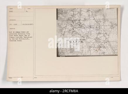 Karte deutscher Werke und Artillerie, die Orte und Positionen deutscher Streitkräfte während des Ersten Weltkriegs darstellt. Die Karte wurde von E. erstellt. Das Symbol wurde am 5-11-1917 herausgegeben. Es zeigt die Gebiete, die von der deutschen Artillerie in Frankreich angegriffen werden. Reproduziert von der 2. Sektion, 9,8., Canadian Corps. S. 6.“ Stockfoto