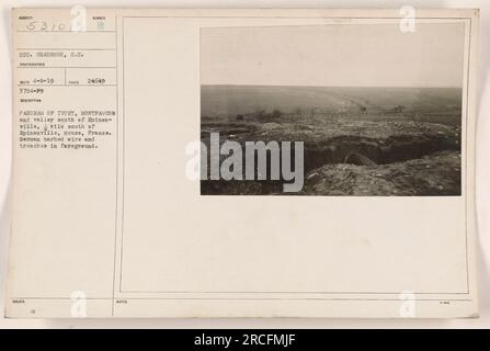 Panoramablick auf Elfenbein, Montfaucon und das Tal südlich von Epinonville in Mause, Frankreich. Das Foto, aufgenommen von S.C. Seabrook am 8. April 1919 zeigt deutschen Stacheldraht und Gräben im Vordergrund. Die Beschreibungsnummer ist 3754-79 und stammt von einer Position 1/4 km südlich von Epinonville. Das Bild ist Teil einer Serie und hat die Identifikationsnummer 53101 SOT. Stockfoto