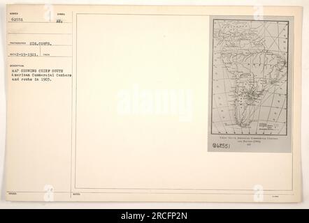 Karte mit den wichtigsten kommerziellen Zentren und Routen in Südamerika im Jahr 1903. Auf der Karte werden die wichtigsten Städte und Handelsrouten angezeigt, einschließlich der Symbole für verschiedene Arten von Branchen. Das Foto wurde am 19. Februar 1921 vom Signalkorps aufgenommen und gekennzeichnet. Stockfoto