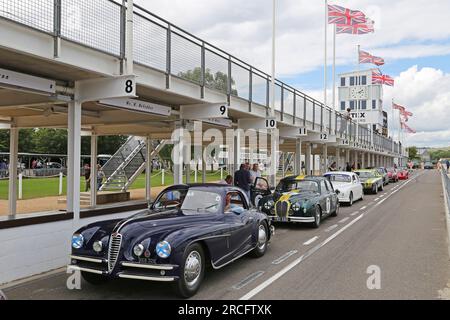 Alfa Romeo 6C-2500 SS Touring Berlinetta (1949) und verschiedene Jaguare, Mike Hawthorn Track Day, Goodwood, Sussex, England, Großbritannien, Europa Stockfoto