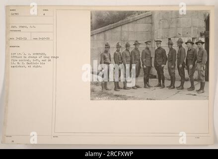 1. Leutnant A.C. Rountree und 2. Leutnant W.H. Carlisle, auf dem Foto mit der Nummer 60755 des Fotografen Sgt. Combs zu sehen, war im Ersten Weltkrieg an der Fernfeuerkontrolle beteiligt. Das Bild wurde am 24. Juni 1919 aufgenommen und ist Teil der RECO 7-21-19-Serie.“ Stockfoto