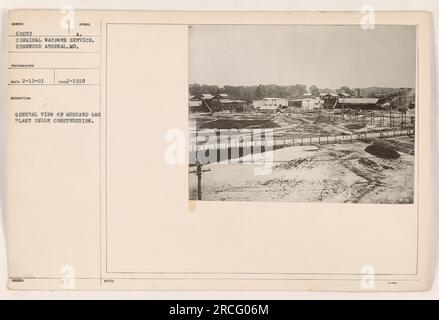 Bau einer Senfgasanlage im Edgewood Arsenal, MD, im Jahr 1918. Die Abbildung zeigt eine allgemeine Ansicht der im Bau befindlichen Anlage und wurde von einem Fotografen des Chemical Warfare Service aufgenommen. Das Foto wurde am 19. Februar 1921 empfangen und trägt die Identifikationsnummer 60053 A. Stockfoto