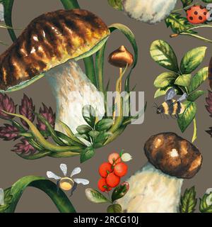 Nahtlose Aquarellpilze mit Schweinsweinen, Blättern, Cranbeeren, Piniennadel, Hummeln, marienkäfer. Isolierte handgezeichnete Illustration auf Beige Stockfoto