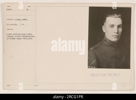 First Lieutenant William H. Rust, Mitglied der Kompanie K, 125. Infanterie, ist auf diesem Foto abgebildet. Leider starb er an Wunden, die am 29. August 1918 erlitten wurden. Das Foto wurde von einem Fotografen des Signalkorps mit der Referenznummer 61319 aufgenommen. Es wurde nur zur amtlichen Verwendung ausgestellt. Stockfoto