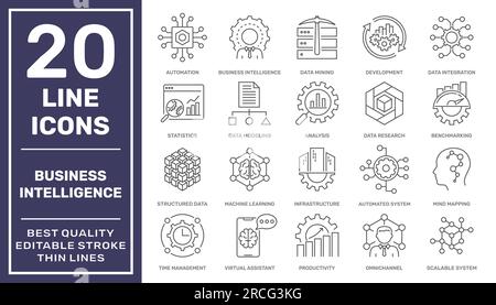 Satz von 20 modernen Liniensymbolen für Strategie, Management, System, Business Intelligence. Einfache einfarbige Piktogramme und Infografik-Designsymbole Stock Vektor